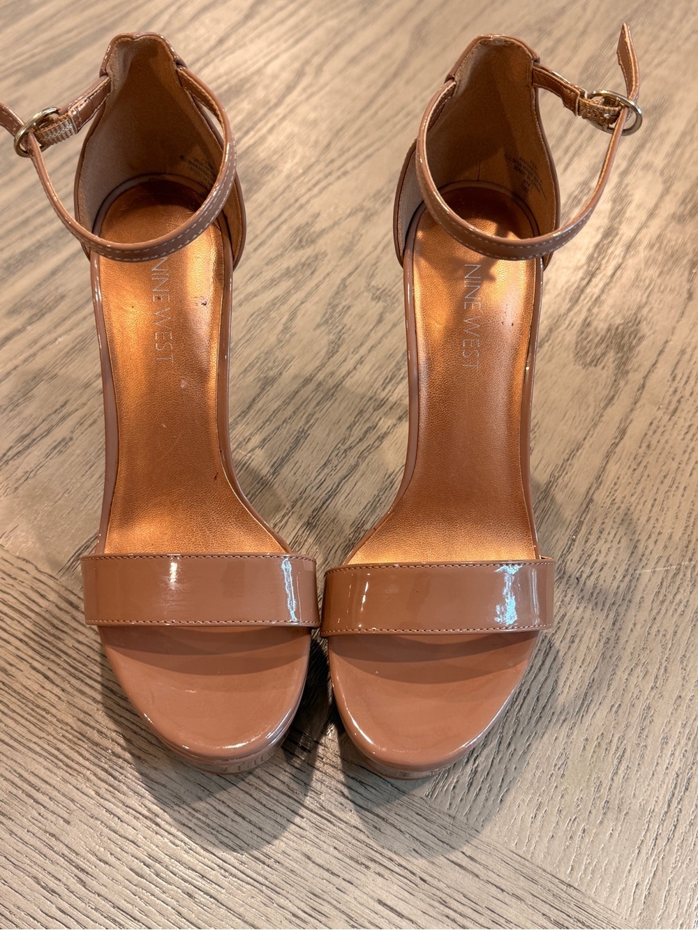 Nine West Brown Patent Ankle-Strap Platform Sandals
